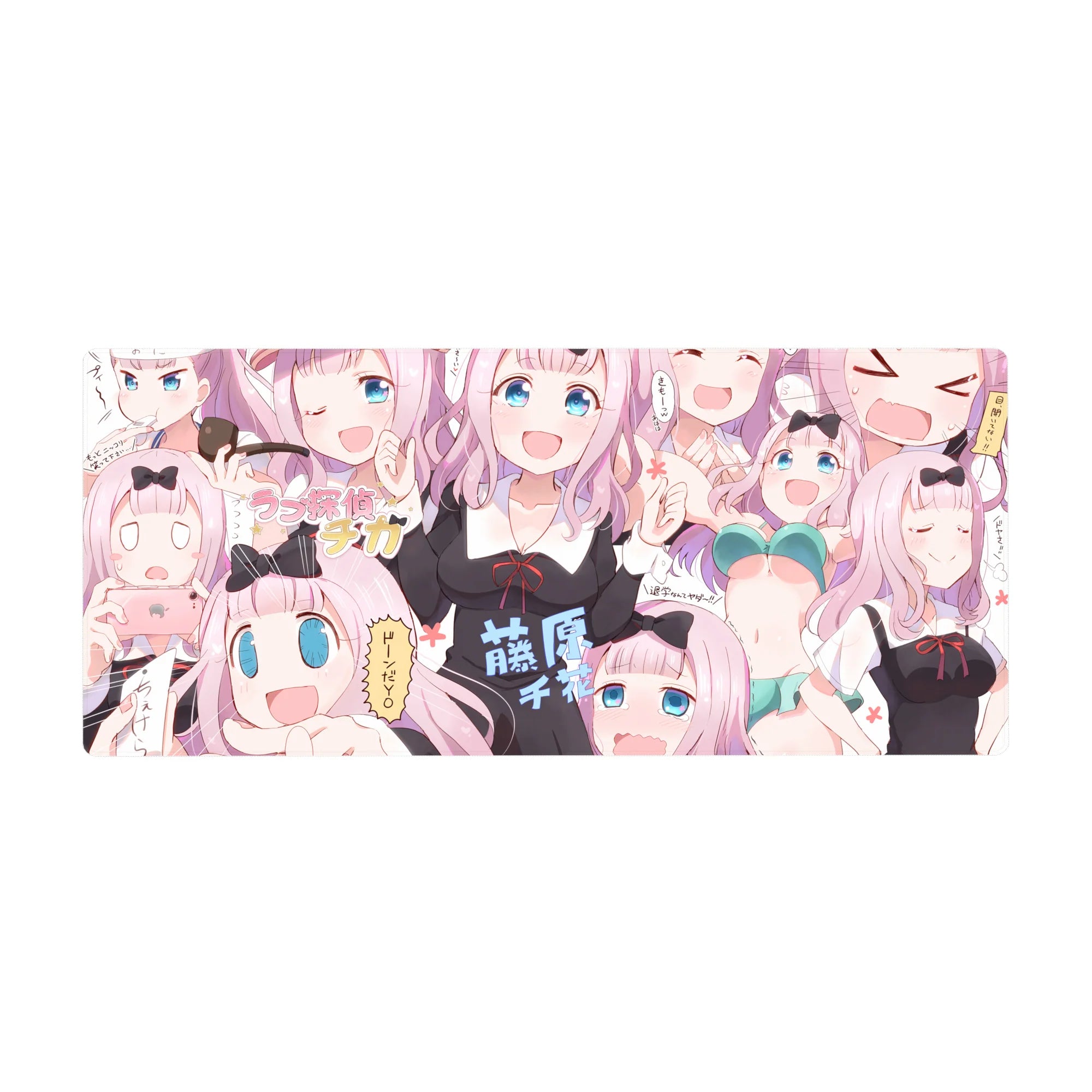 36x16 inches anime girl desk pad with Chika-style chibi faces, doodles, and playful reaction poses.