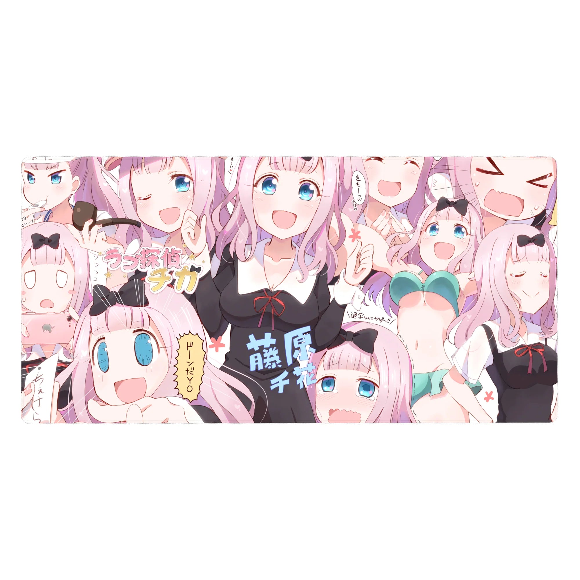 40x20 inches anime girl desk pad with chibi faces, doodle notes, and playful reaction art.
