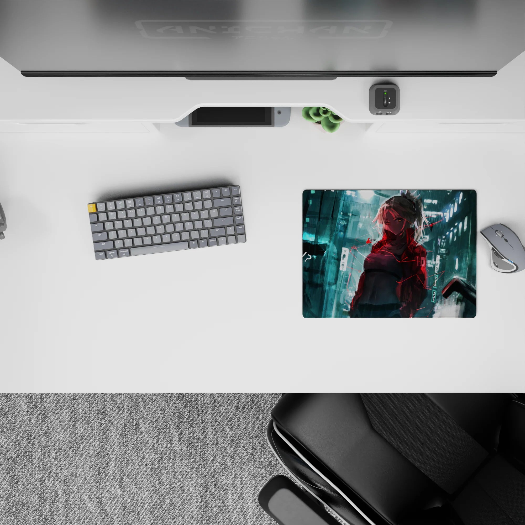 14x10 inches anime mouse pad in teal neon glow with red glitch accents on rainy glassy streets.