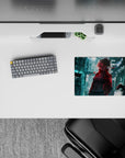 14x10 inches anime mouse pad in teal neon glow with red glitch accents on rainy glassy streets.