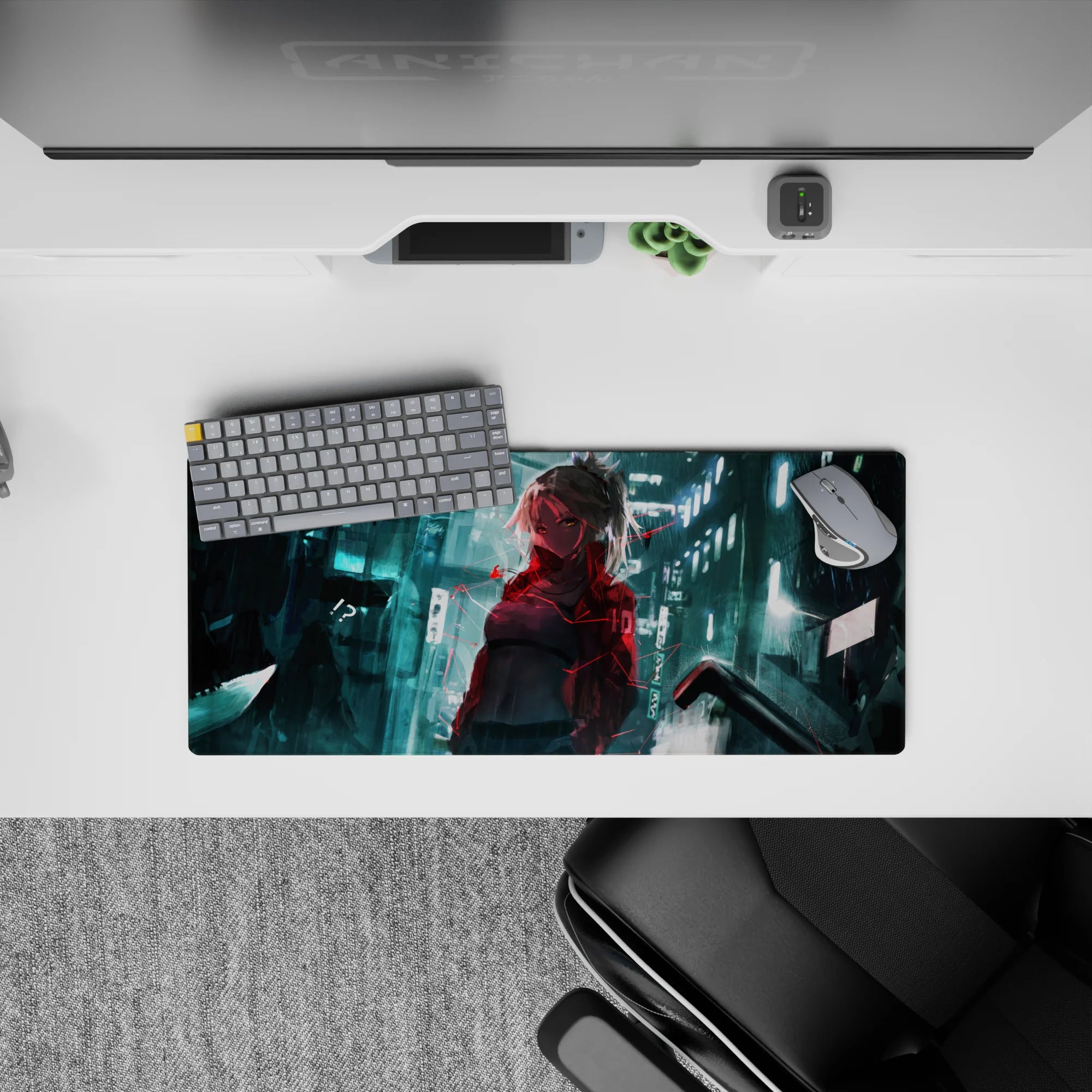 Moody teal neon and red glitch lines on a silver-haired anime desk mat mouse pad 28x12 inches.