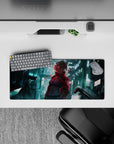 Moody teal neon and red glitch lines on a silver-haired anime desk mat mouse pad 28x12 inches.