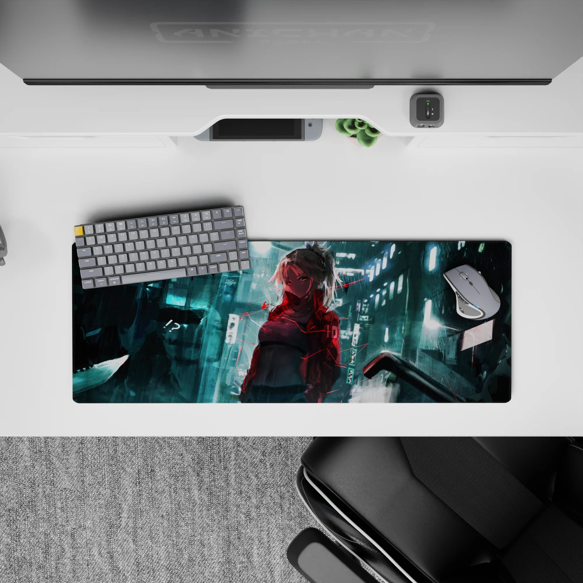Teal neon and red glitch accents on anime girl mouse pad 32x12 inches, moody night vibe.