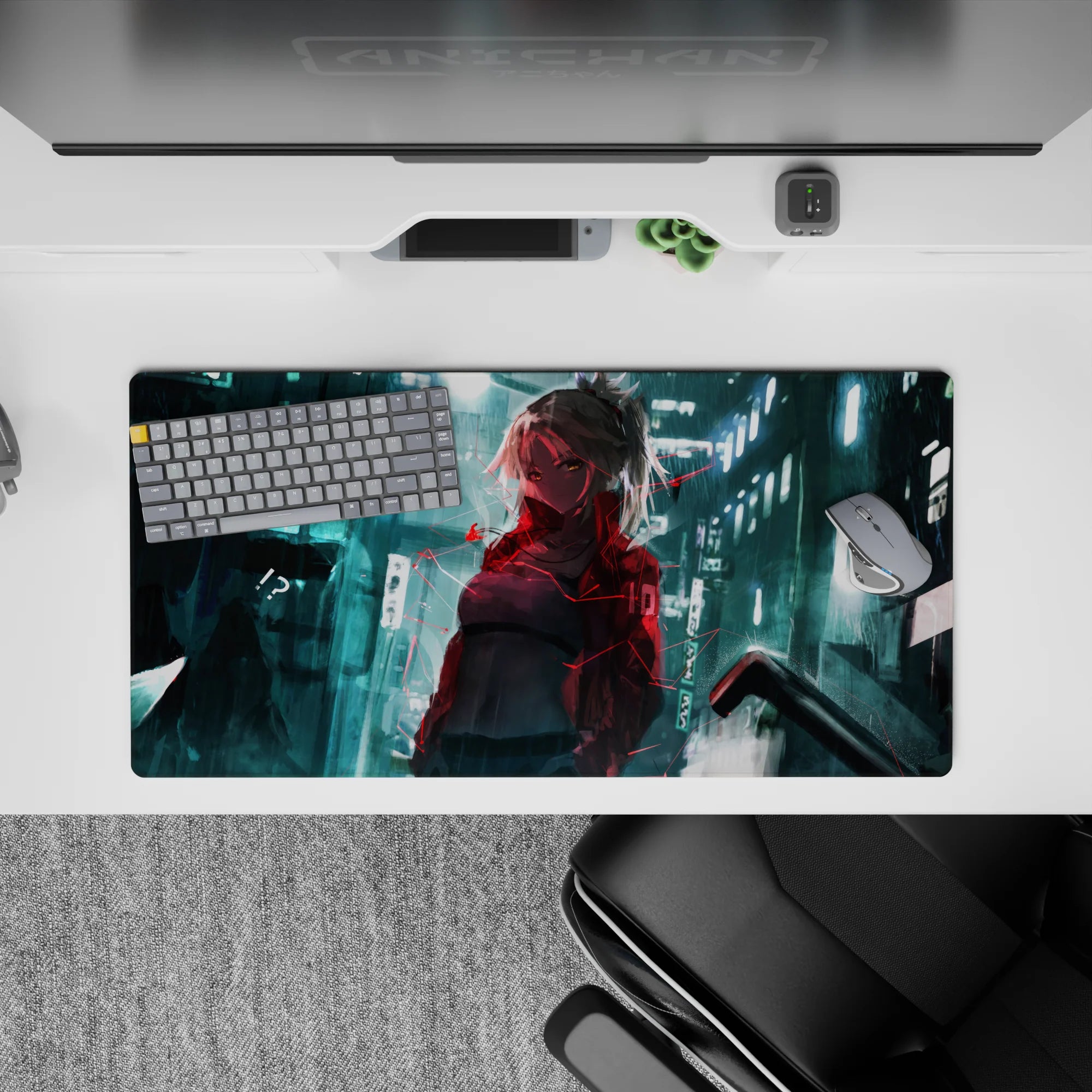 Teal neon rain vibe with red glitch lines and silver-haired anime art mouse pad, 32x16 inches.