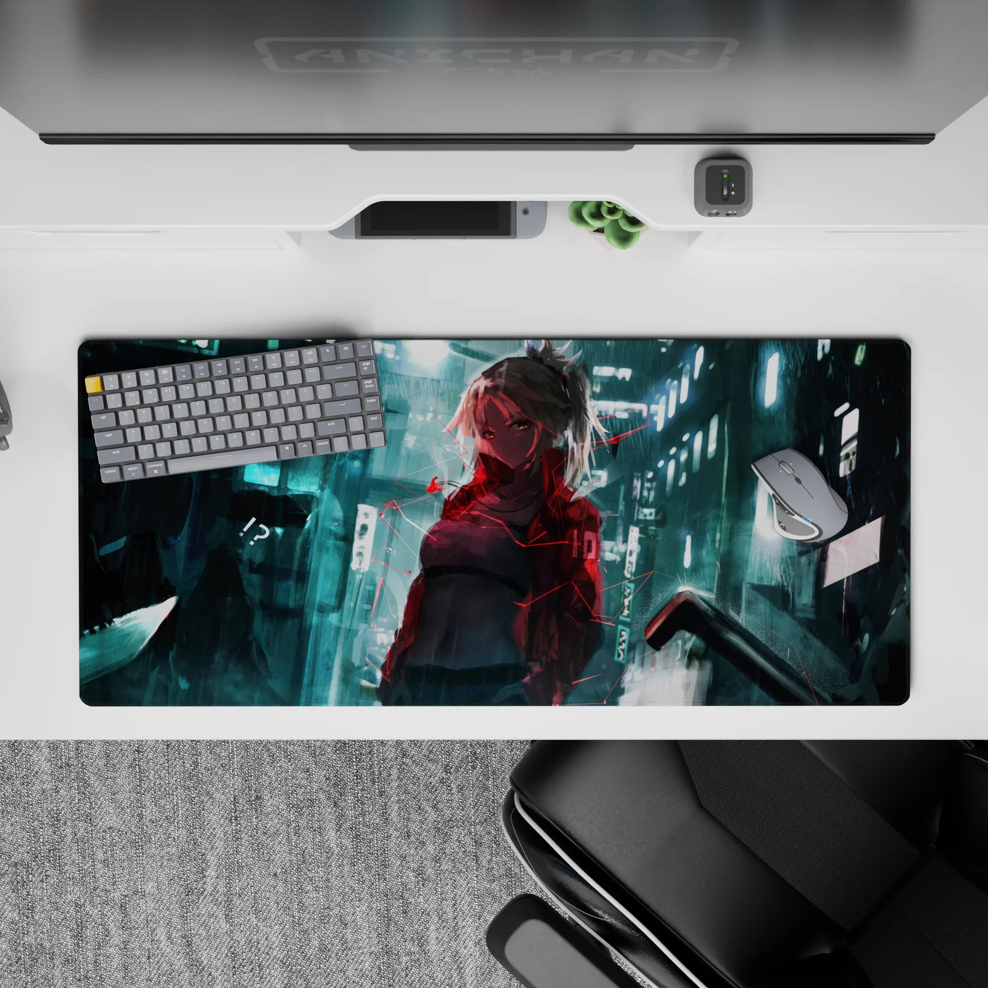 Teal neon and red glitch accents anime desk pad 36x16 inches, rainy night vibe on glassy streets.