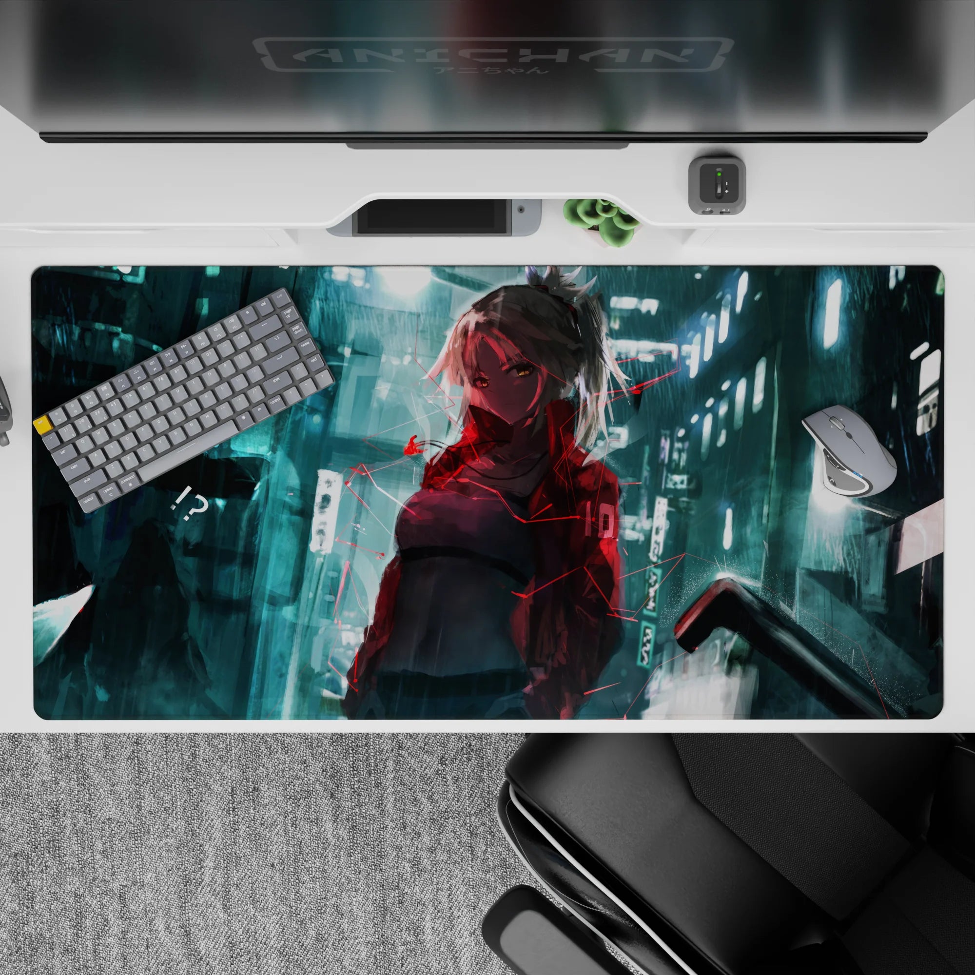 Moody neon rain desk mat 40x20 inches in teal and crimson glow, silver-haired anime portrait on glassy streets.
