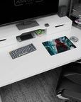 Cyberpunk silver-haired anime girl in cropped jacket on 14x10 inches mouse pad, hologram city blur.