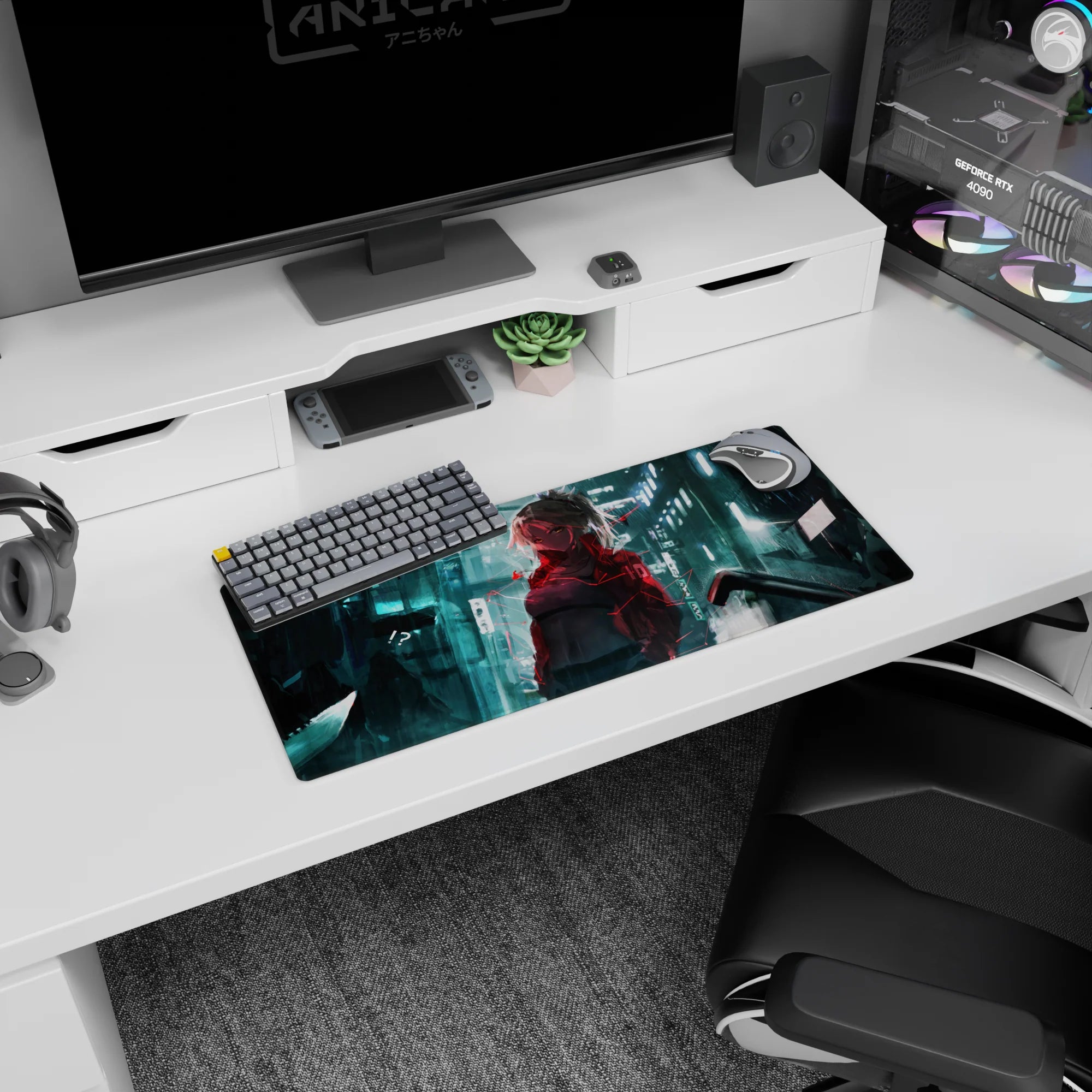 Silver-haired anime girl in open cropped jacket on neon rainy street desk mouse pad 28x12 inches.