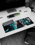 Silver-haired anime girl in cropped jacket on mouse pad 32x12 inches, neon rain and hologram marks.