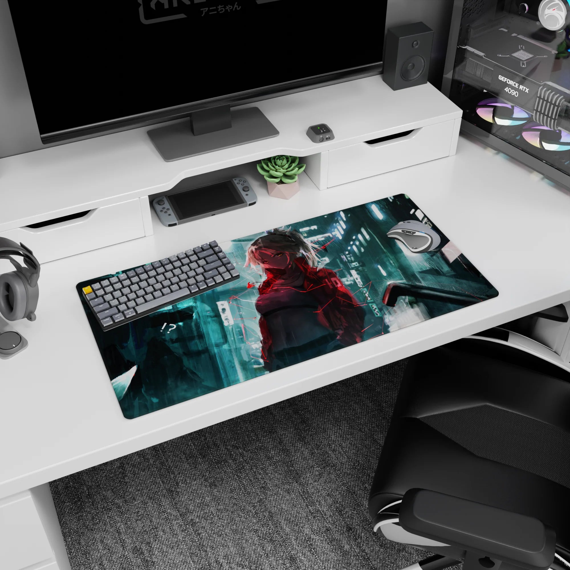 Silver-haired anime girl in cropped jacket on glassy neon streets desk mat, 32x16 inches.