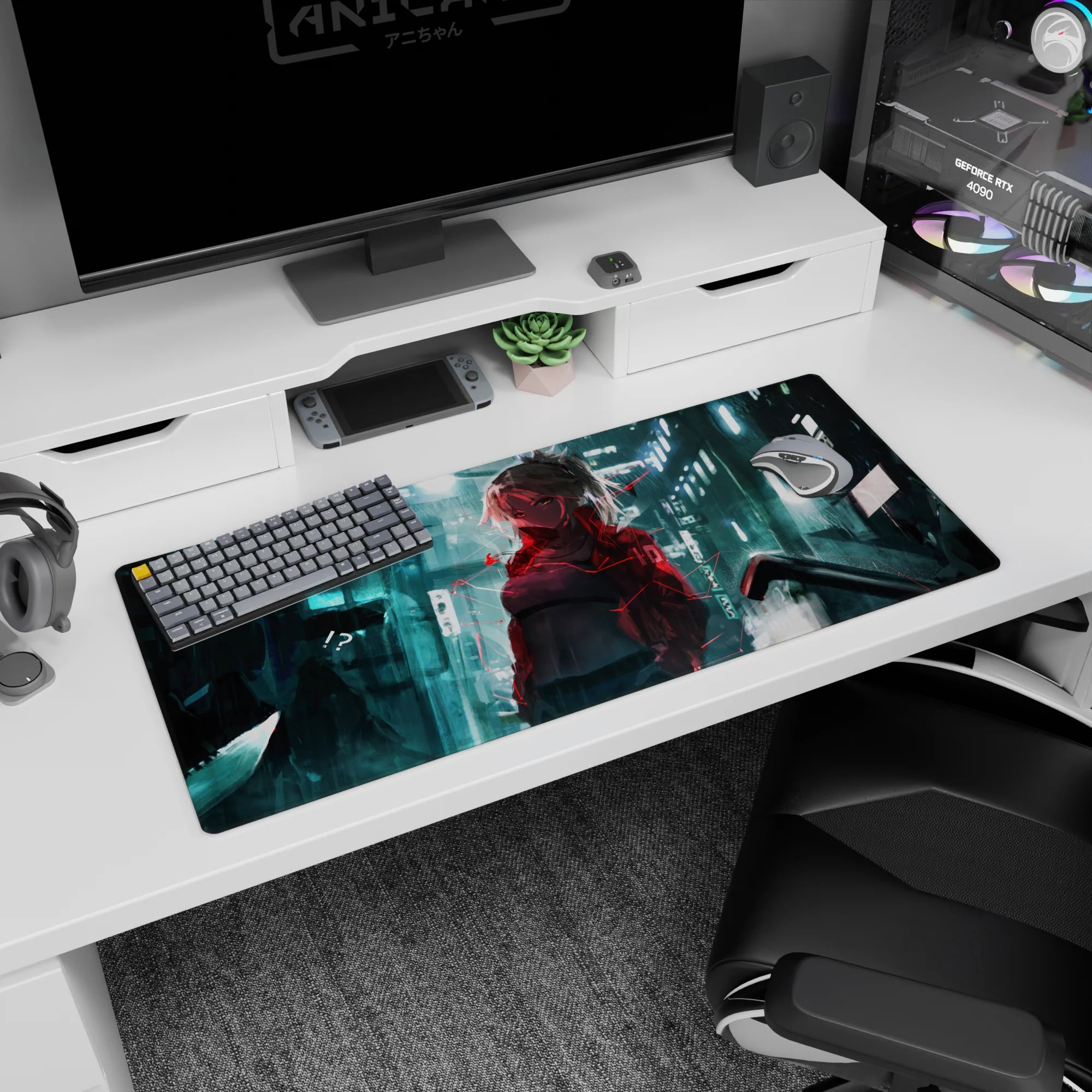 Silver-haired anime girl in cropped jacket on 36x16 inches desk pad, cool stare under neon signs.