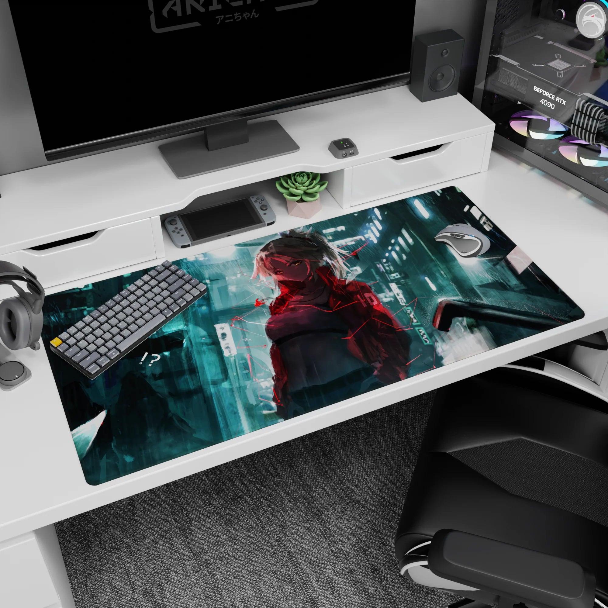 Silver-haired anime girl in cropped jacket under teal signage on cyber street desk pad 40x20 inches.