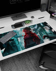 Silver-haired anime girl in cropped jacket under teal signage on cyber street desk pad 40x20 inches.
