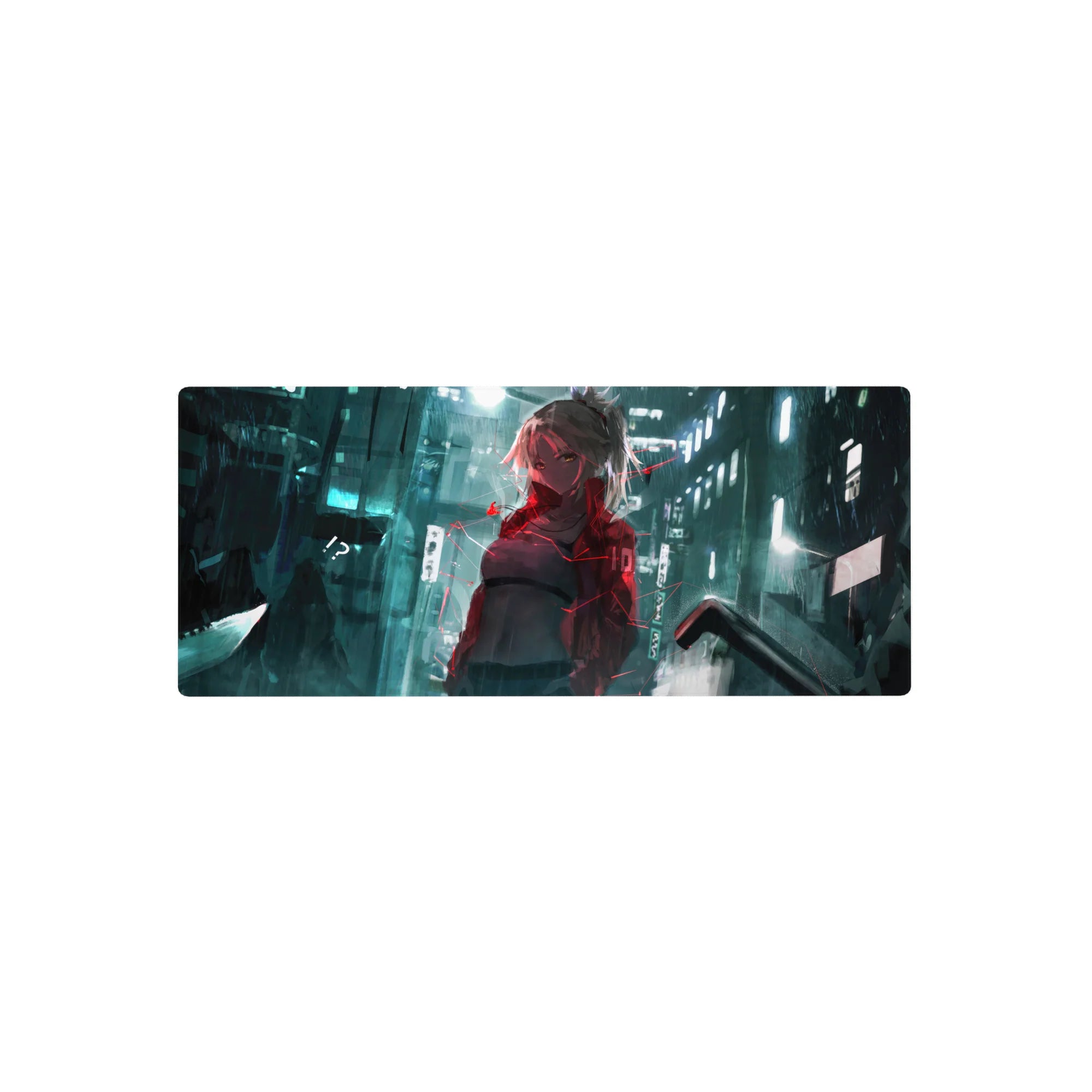 Cyberpunk anime girl mouse pad 28x12 inches with neon city street, holographic marks, and glitch accents.