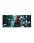 Cyberpunk anime girl mouse pad 28x12 inches with neon city street, holographic marks, and glitch accents.