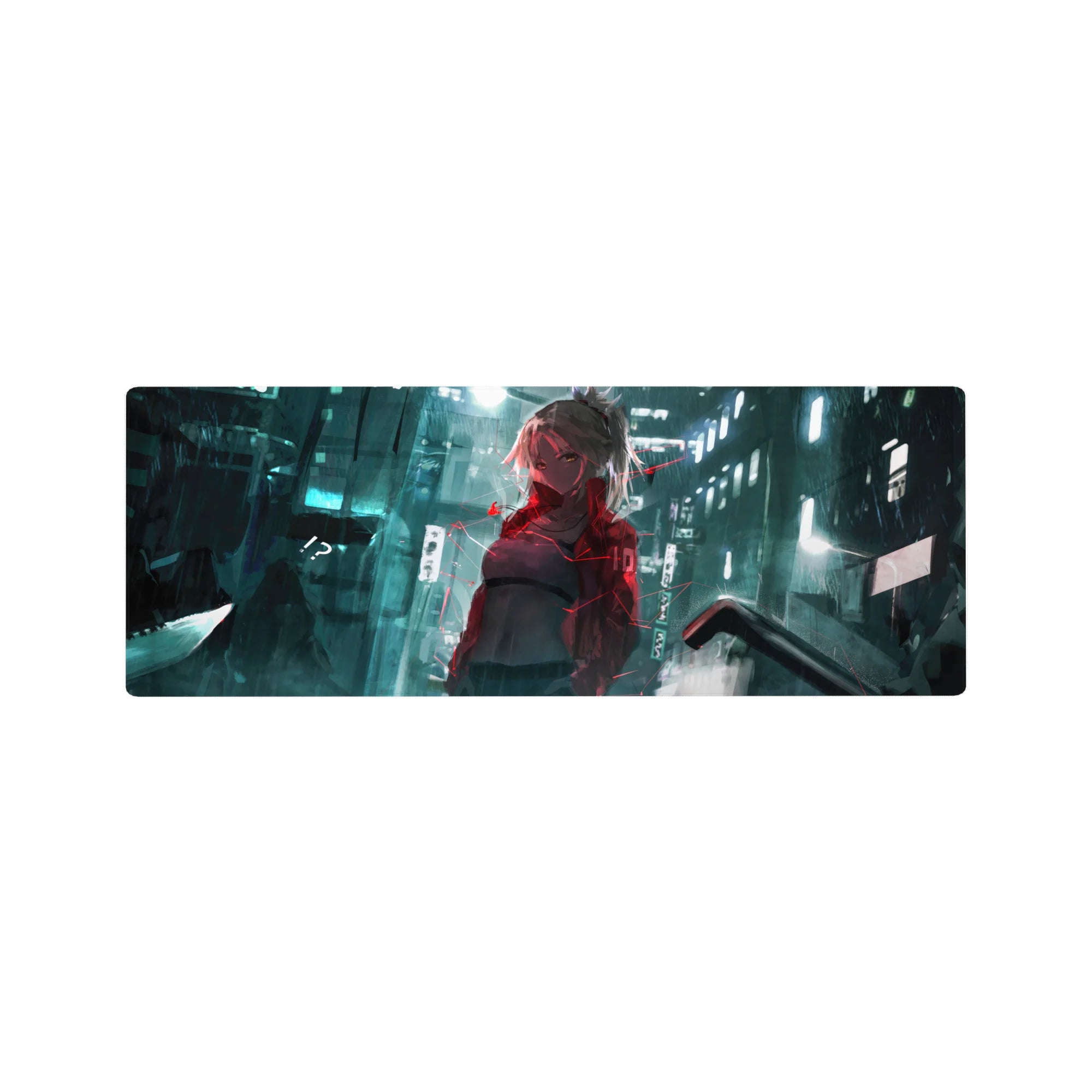 Cyberpunk anime girl mouse pad 32x12 inches with silver-haired beauty, neon city street backdrop.