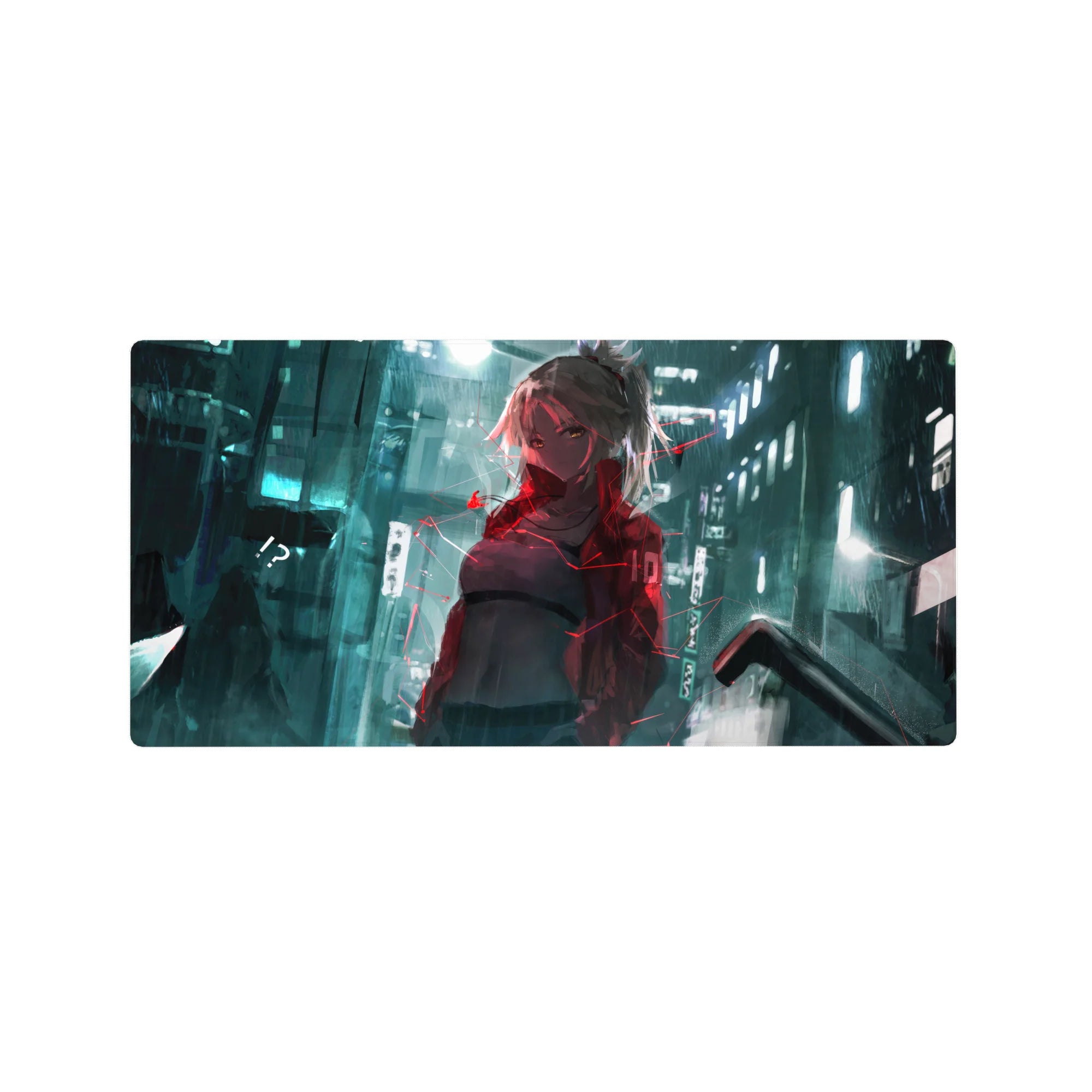 Cyberpunk anime girl mouse pad with neon city backdrop and holographic glitch accents, 32x16 inches.