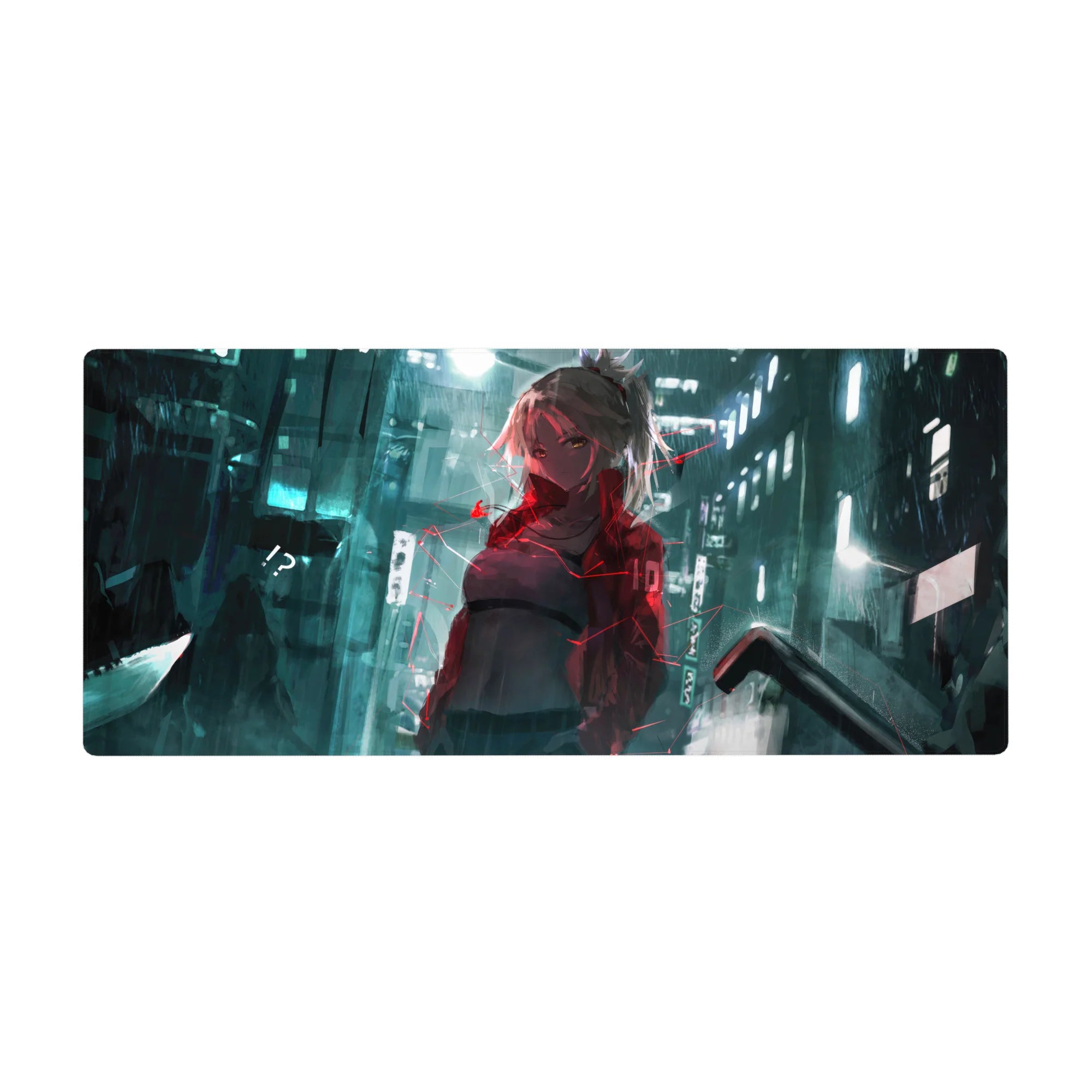 Cyberpunk anime girl desk pad 36x16 inches with silver-haired heroine, neon city street backdrop.