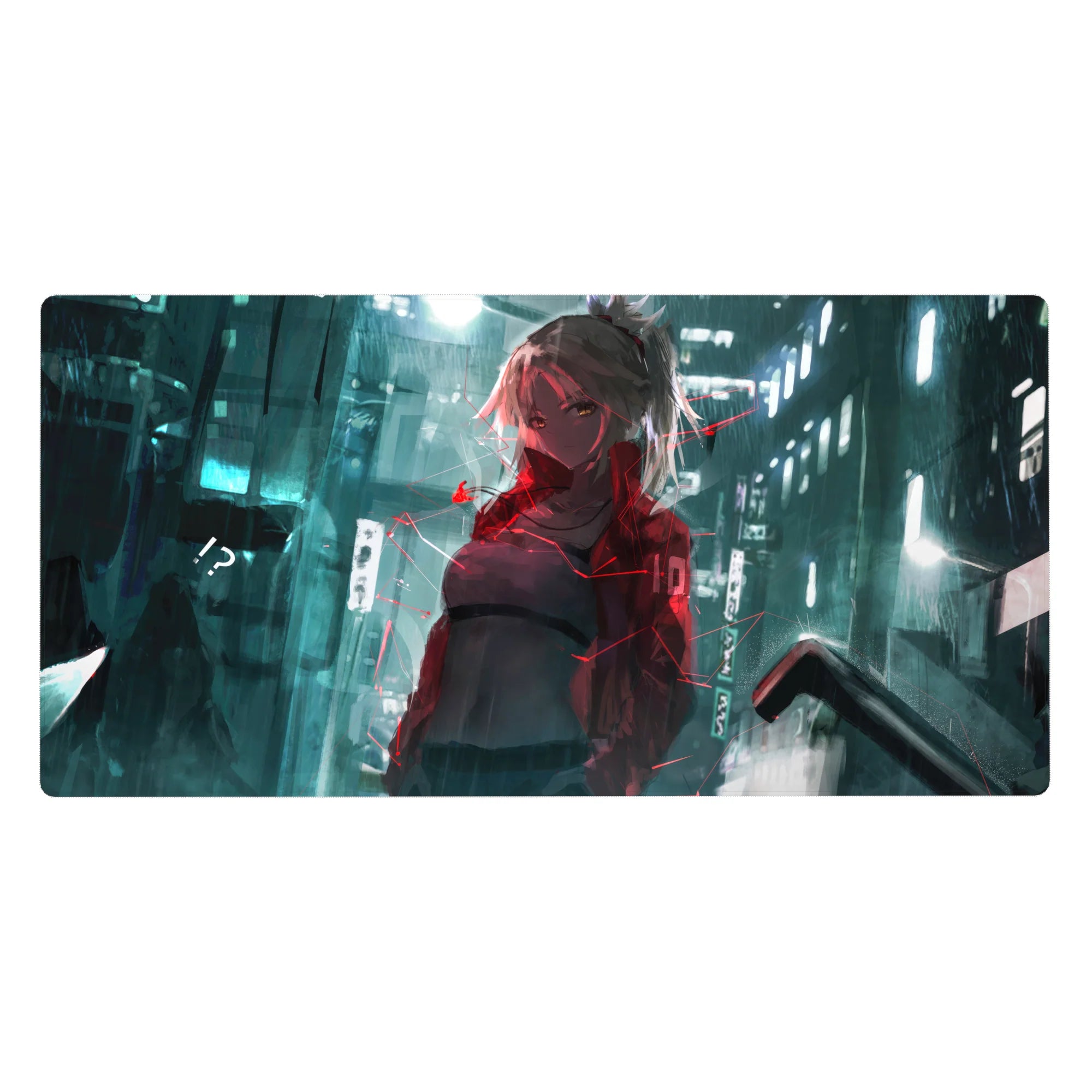 Cyberpunk anime girl desk pad 40x20 inches with neon city backdrop, teal signs, and red glitch accents.