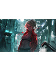 Cyberpunk anime girl desk pad 40x20 inches with neon city backdrop, teal signs, and red glitch accents.