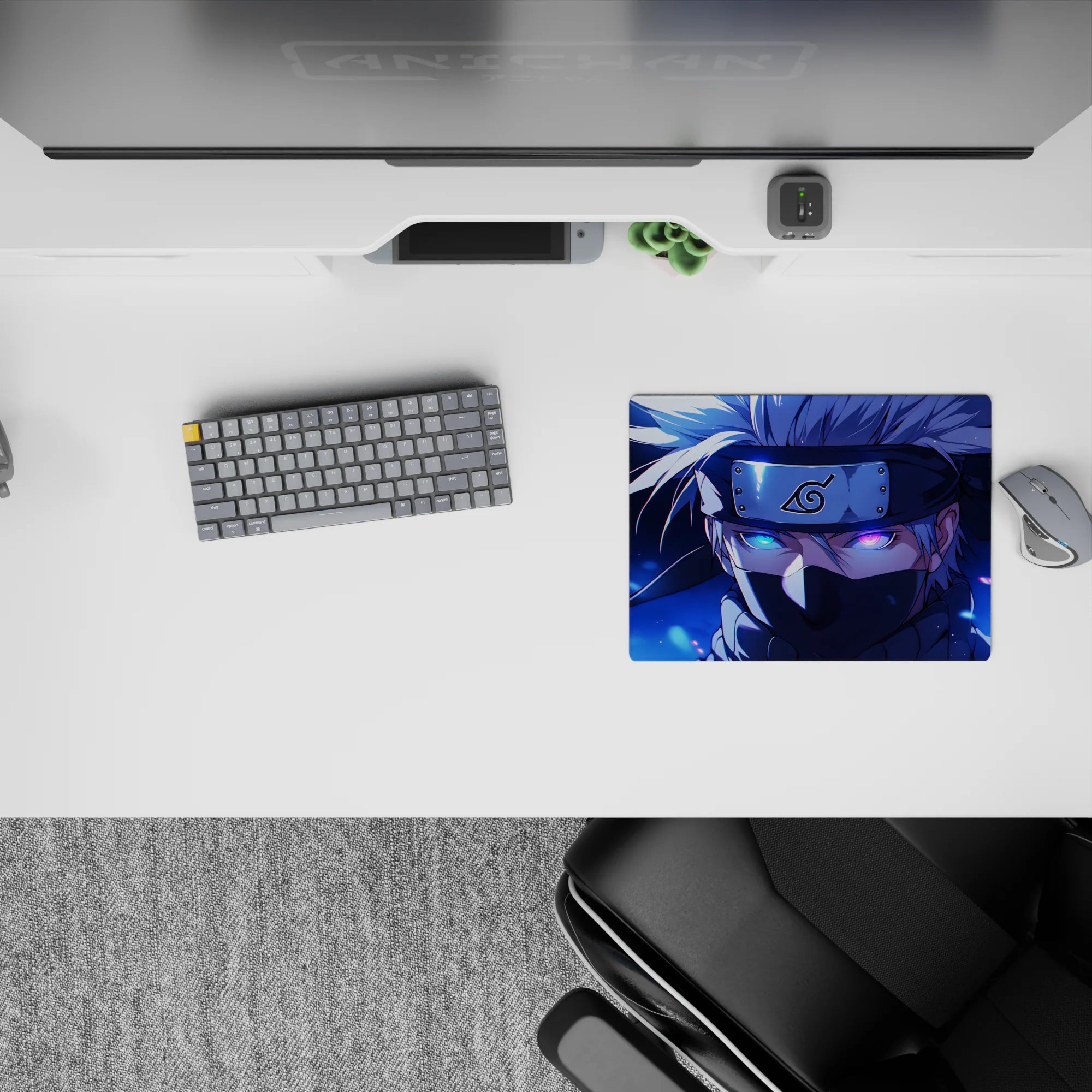 Anime mouse pad 14x10 inches featuring Kakashi Hatake from Naruto, showcasing his Sharingan and lightning-charged eye.