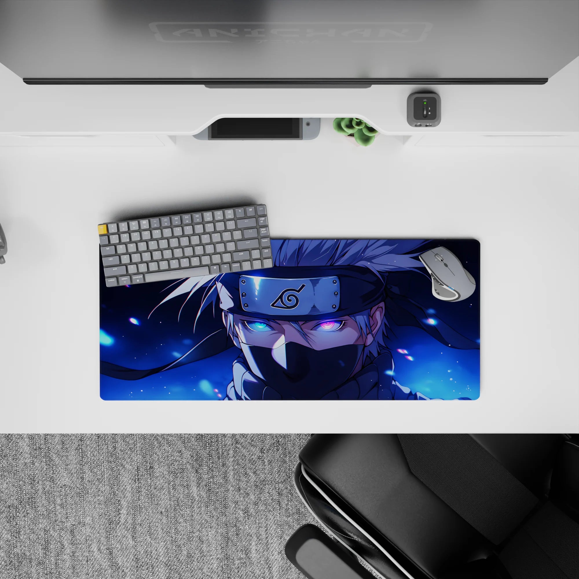 Kakashi Hatake Naruto anime mouse pad, 28x12 inches, featuring his Sharingan and lightning-charged eye on midnight blue.