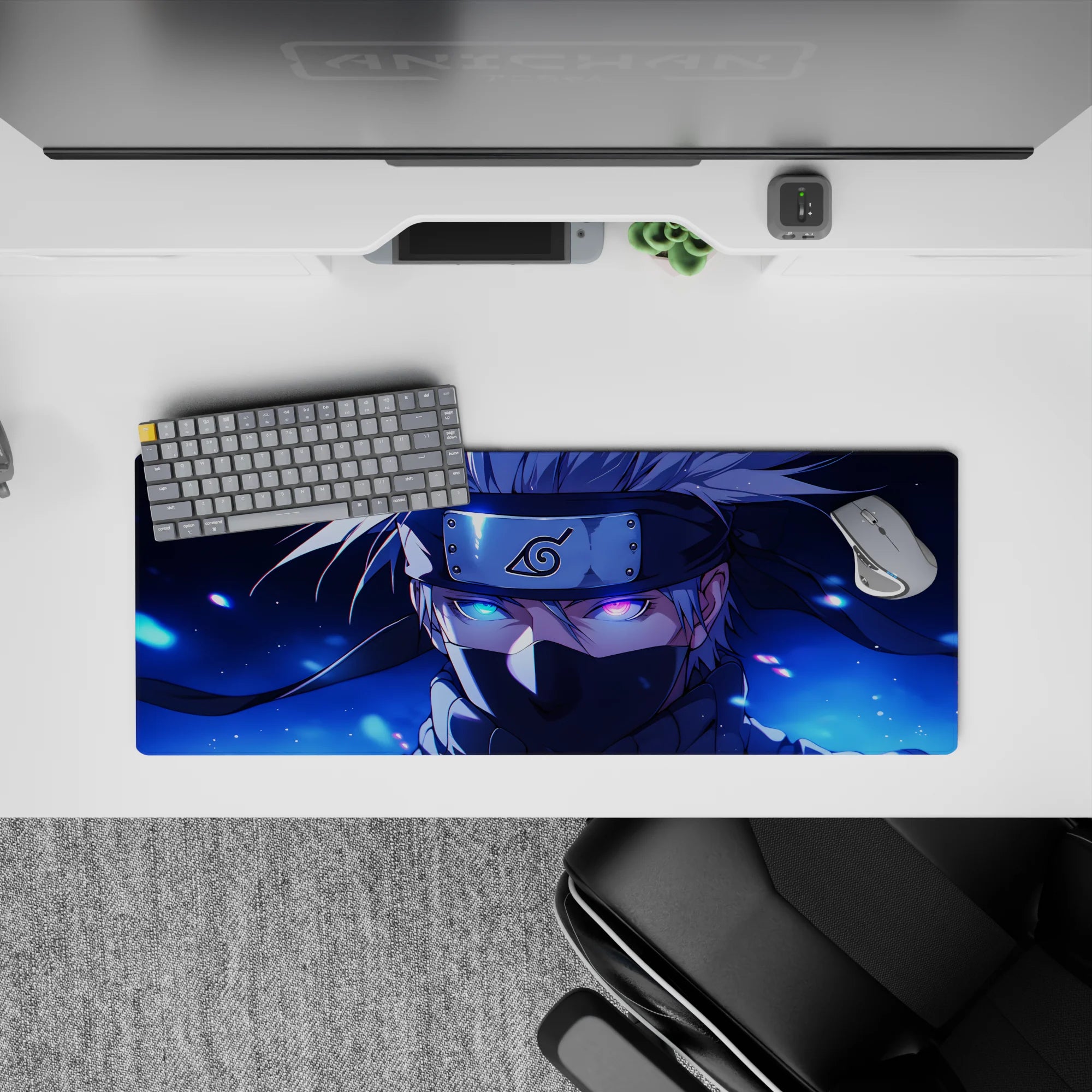 Anime mouse pad 32x12 inches featuring Kakashi Hatake from Naruto, showcasing his Sharingan in a midnight blue theme.