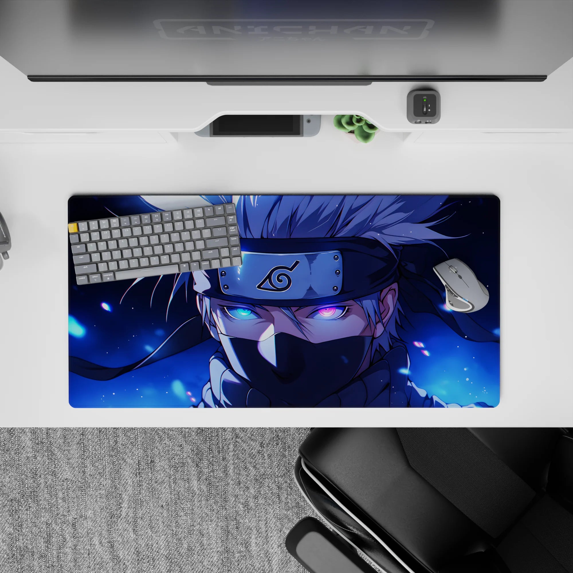 Anime mouse pad 32x16 inches featuring Kakashi Hatake from Naruto with Sharingan against a midnight blue background.