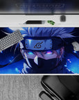 Anime desk pad 40x20 inches featuring Kakashi Hatake from Naruto, showcasing his Sharingan under a midnight blue glow.
