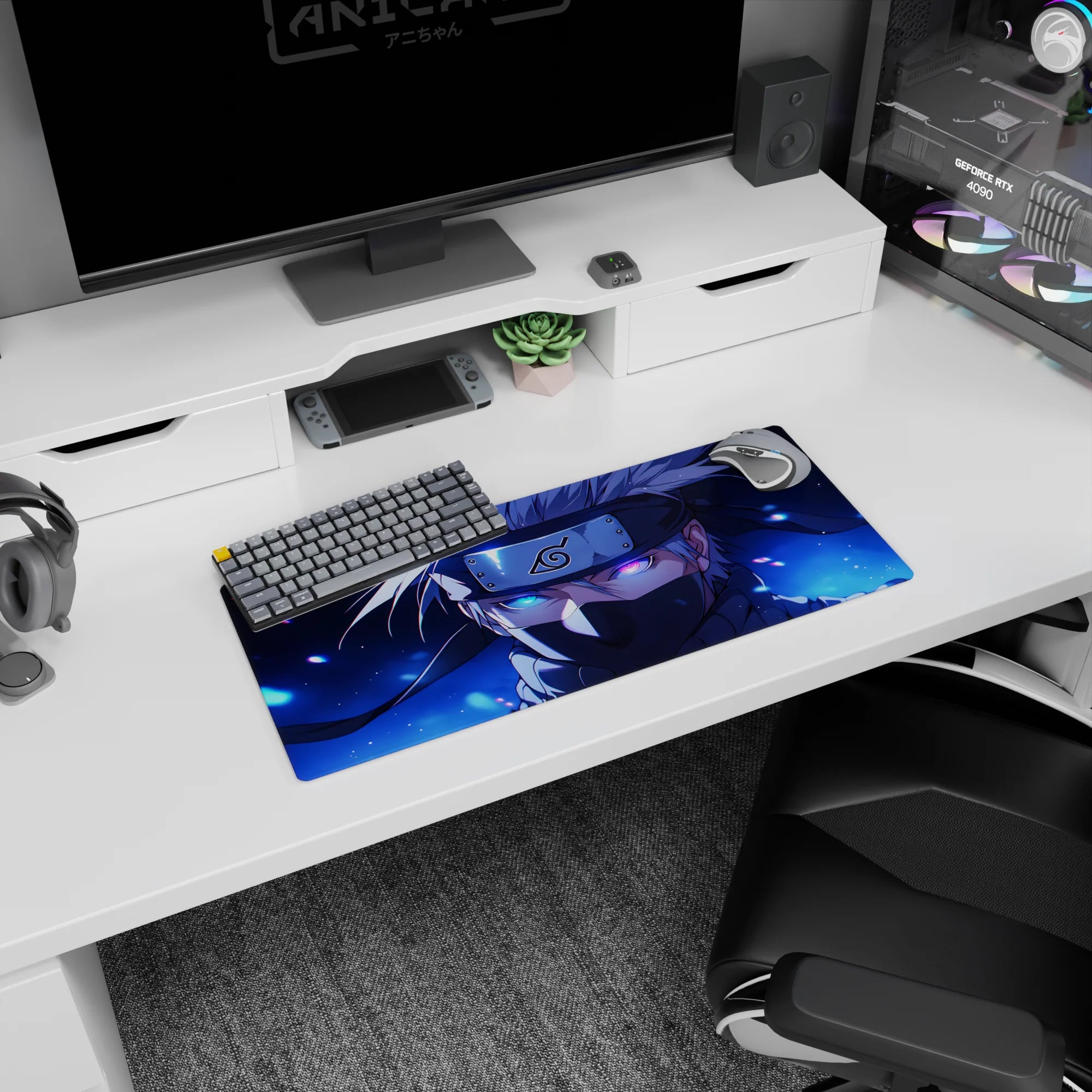 Kakashi Hatake Naruto anime mouse pad, 28x12 inches, featuring his iconic Sharingan and vivid lightning-charged eye.