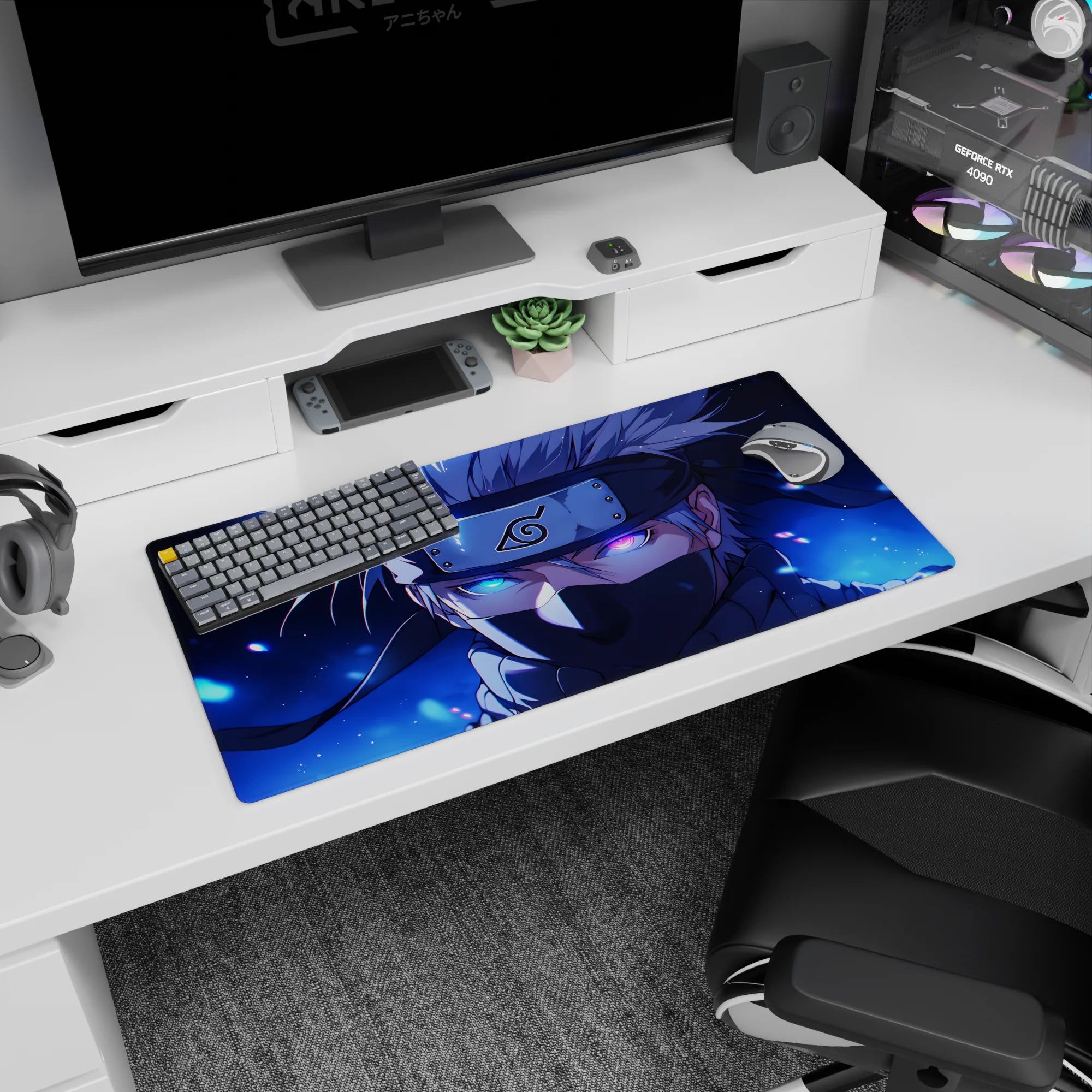 Anime mouse pad 32x16 inches featuring Kakashi Hatake from Naruto, showcasing his Sharingan and lightning-charged eye.