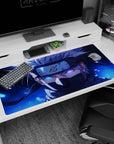 Kakashi Hatake Naruto anime desk pad 40x20 inches with Sharingan, lightning-charged eye, silver hair, deep midnight blue.