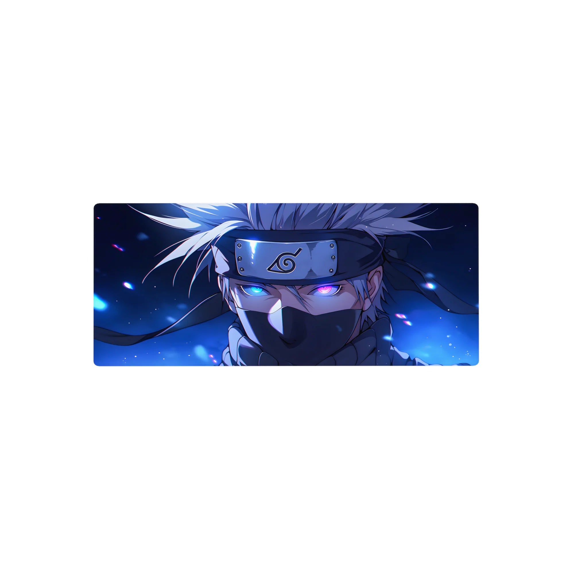 Anime mouse pad 28x12 inches featuring Kakashi Hatake from Naruto, showcasing his Sharingan and lightning-charged eye.