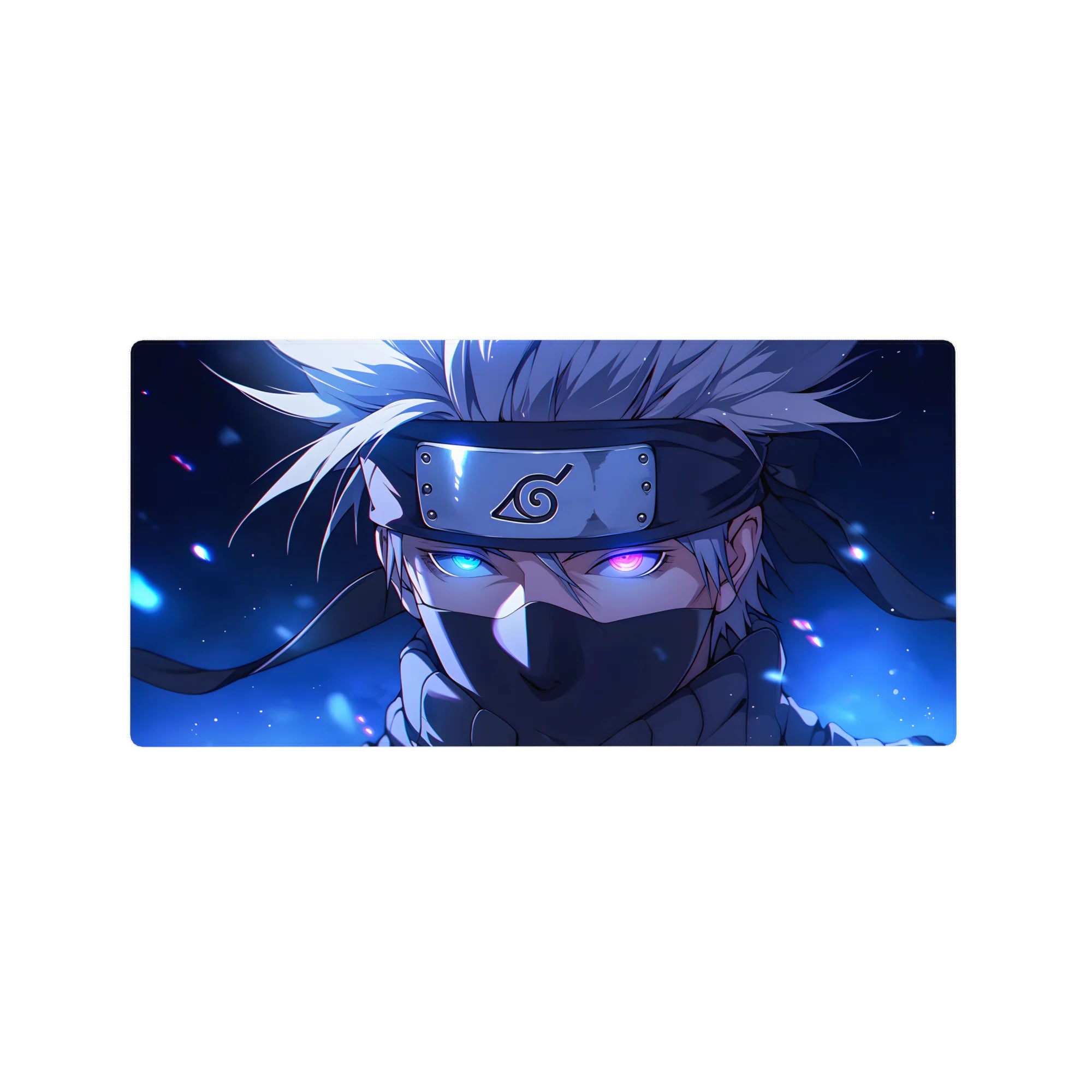 Kakashi Hatake Naruto anime mouse pad 32x16 inches, featuring his Sharingan and lightning-charged eye against a midnight blue background.