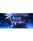 Anime mouse pad 36x16 inches featuring Kakashi Hatake from Naruto with Sharingan, silver hair, and dark midnight blue background.