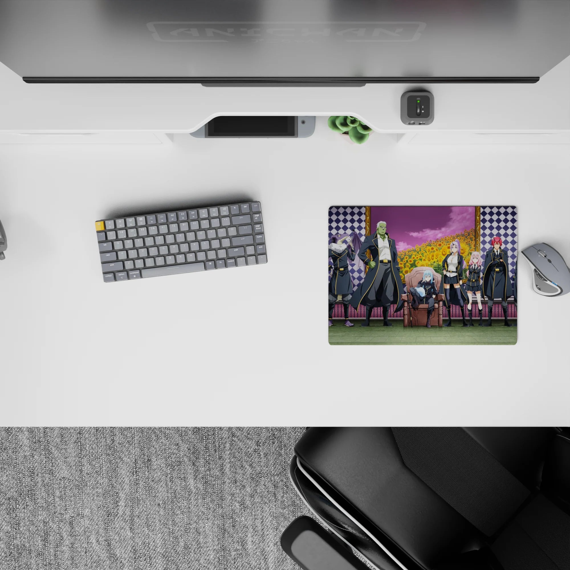 Vibrant 14x10 inches anime mouse pad with purple checks, sunflower field, pink sky, bold fantasy vibe.