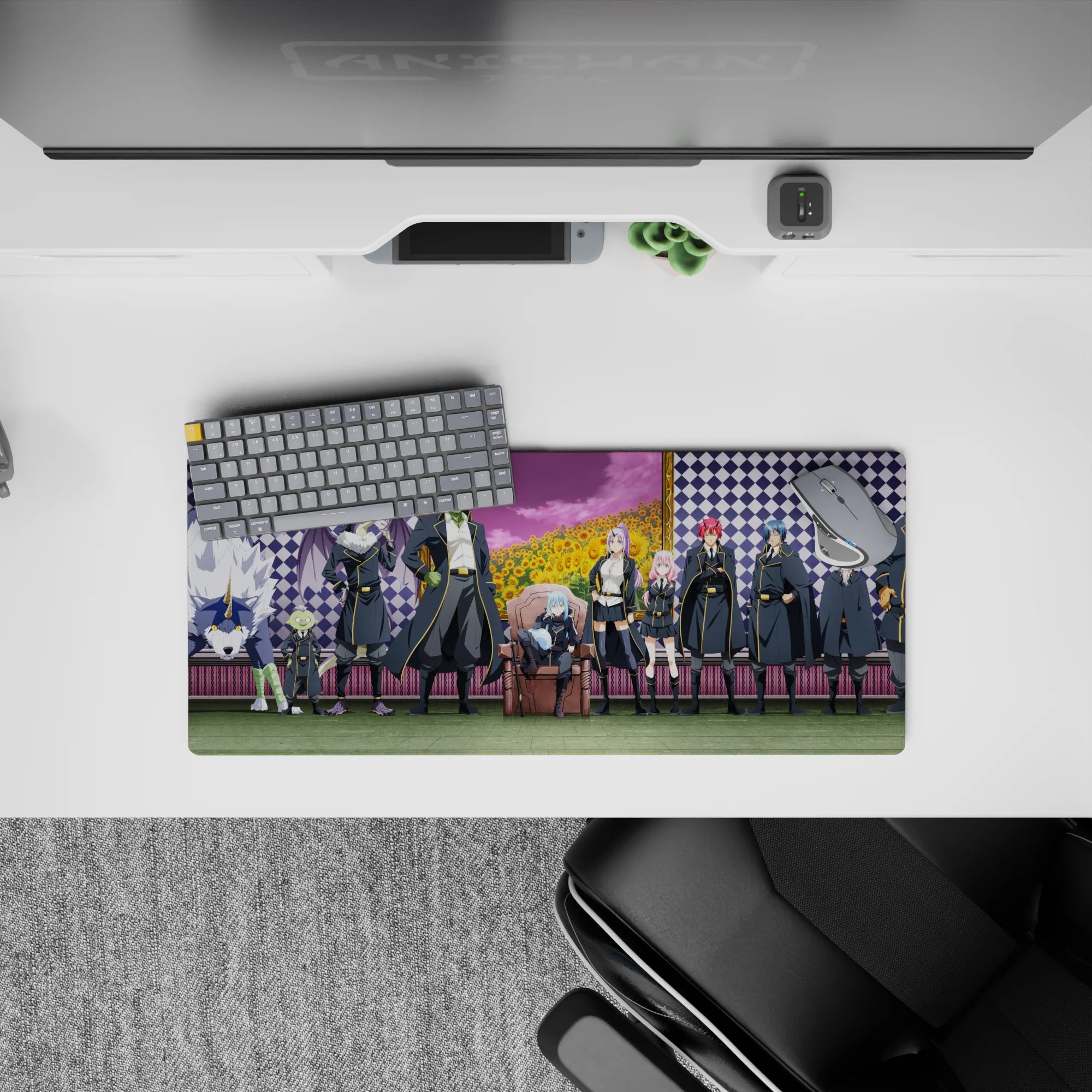 Anime mouse pad 28x12 inches in vivid purple checks, sunflower field, and pink sky for a calm vibe.