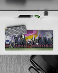 Anime mouse pad 28x12 inches in vivid purple checks, sunflower field, and pink sky for a calm vibe.