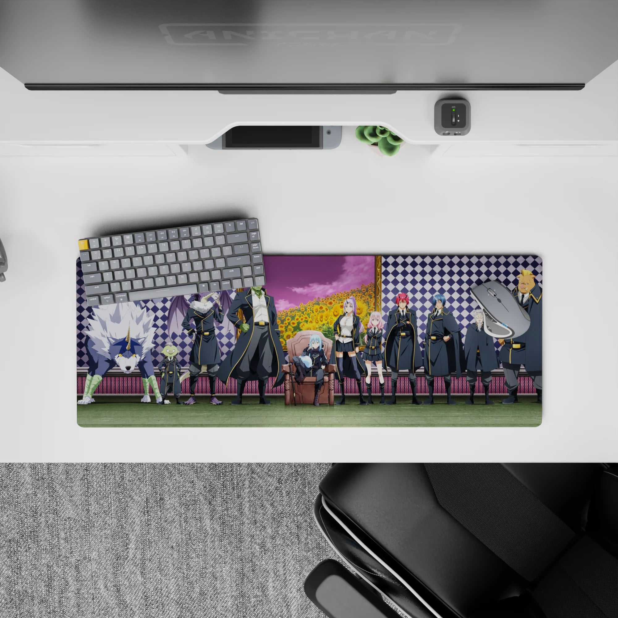 32x12 inches desk mat in purple checks, bright sunflowers and pink glow, bold fantasy anime vibe.