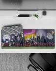 32x12 inches desk mat in purple checks, bright sunflowers and pink glow, bold fantasy anime vibe.