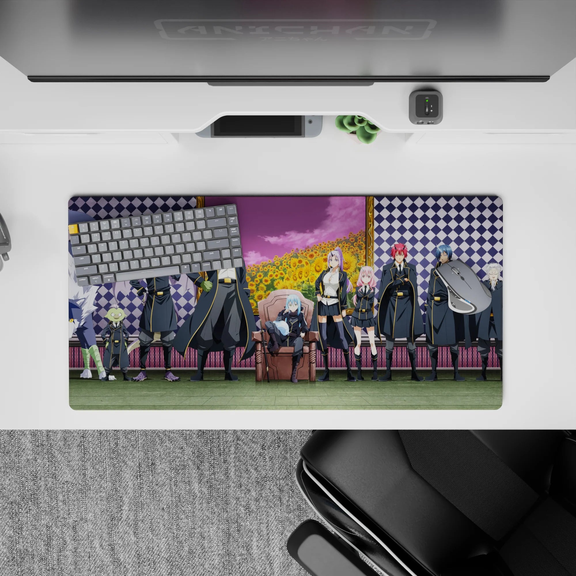 32x16 inches anime mouse pad in vibrant purple checks, sunflower field, and pink sky for a calm vibe.