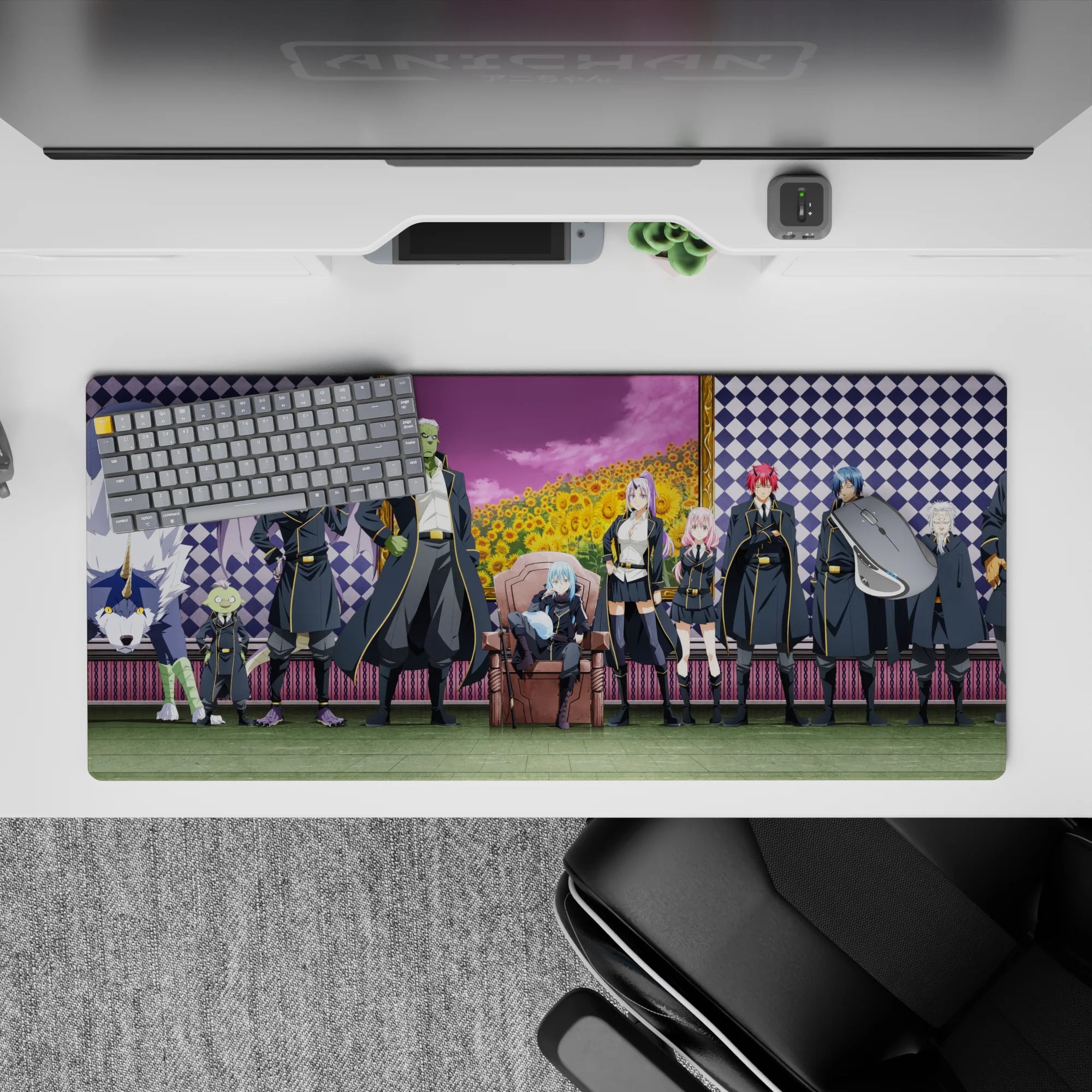36x16 inches anime desk pad in purple checks, sunflower field and pink sky for a calm fantasy vibe.