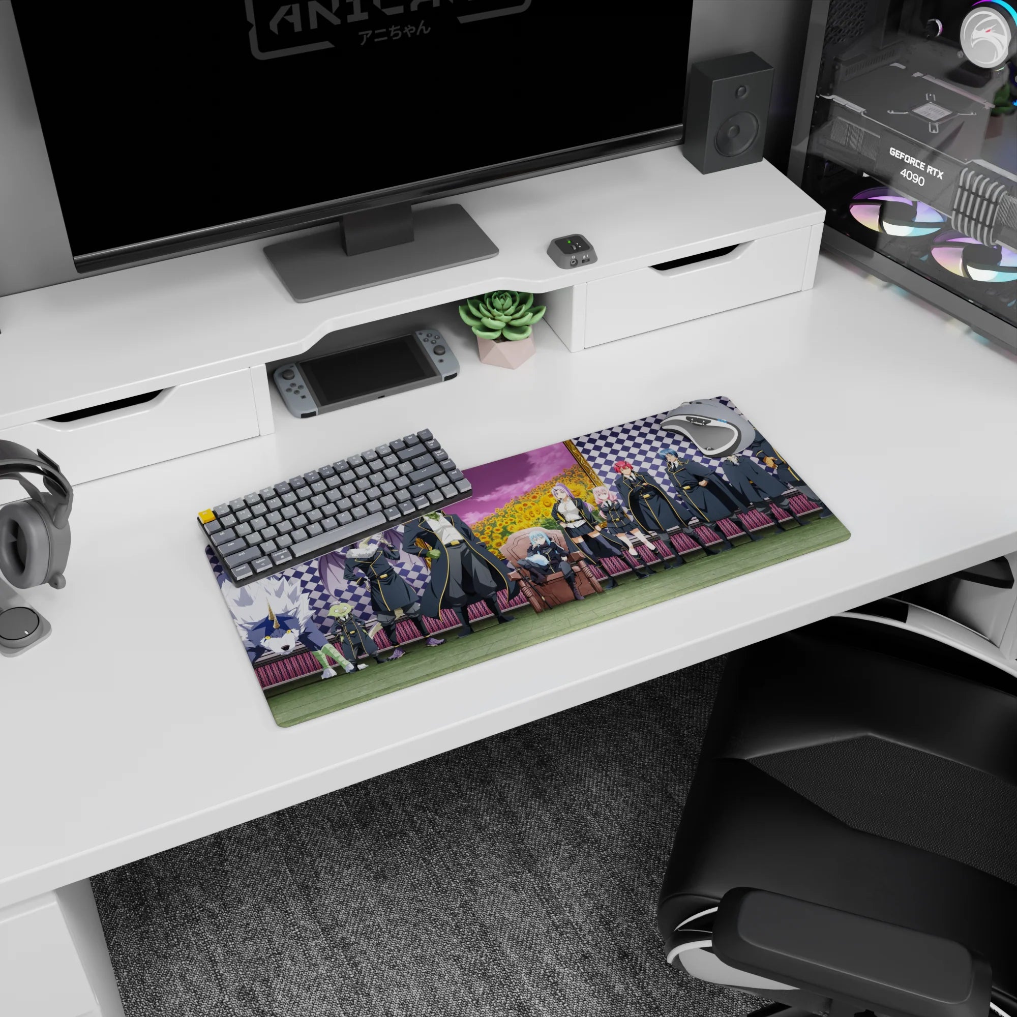 Anime mouse pad 28x12 inches featuring a blue-haired leader on a throne with dragon guardian behind.