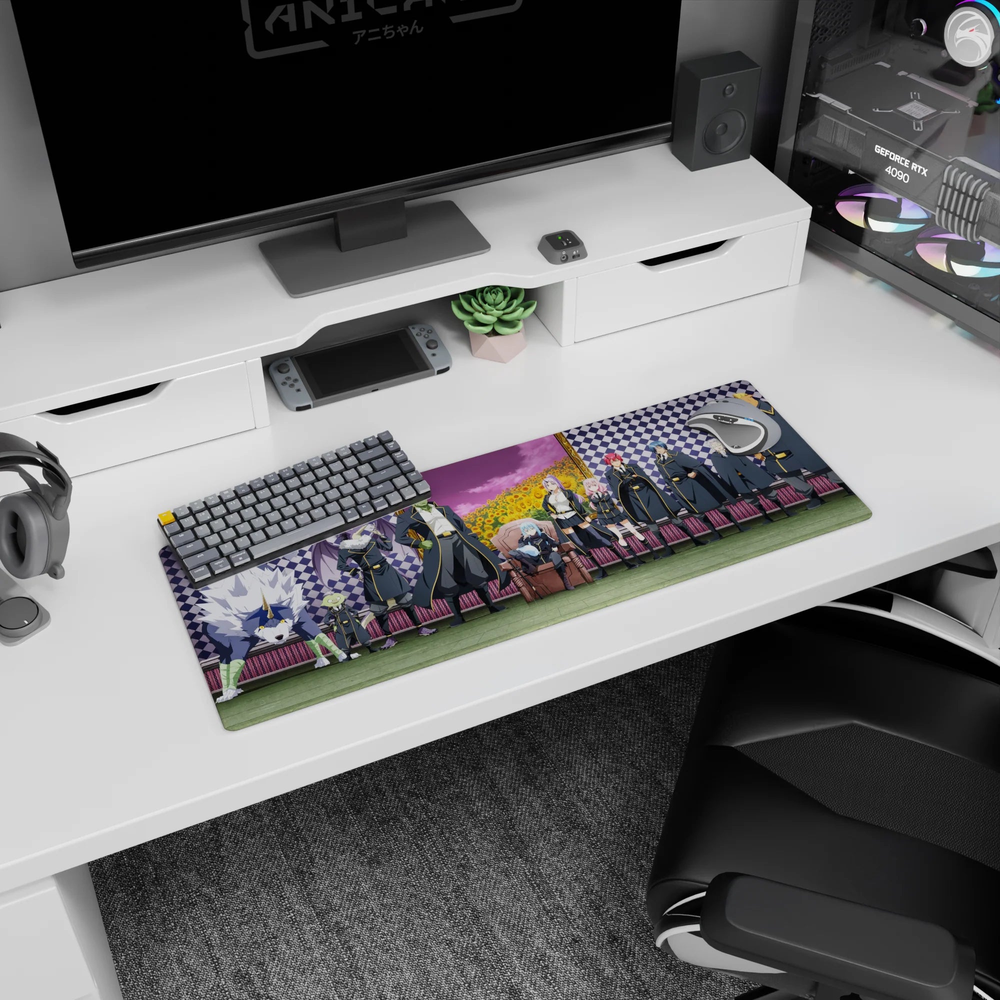 32x12 inches anime mouse pad showing a blue-haired leader on a throne with guardians and crew.