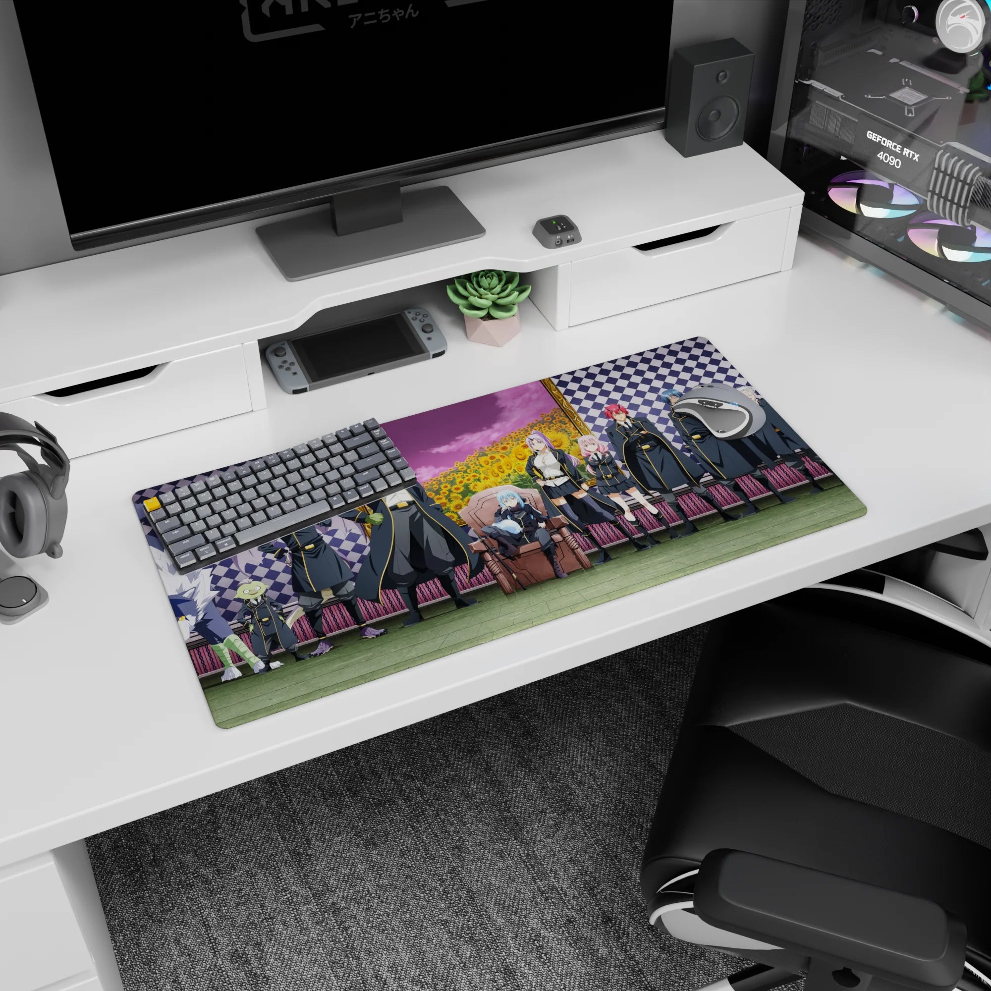 32x16 inches anime mouse pad showing blue-haired leader on a throne with dragon guardian and crew.