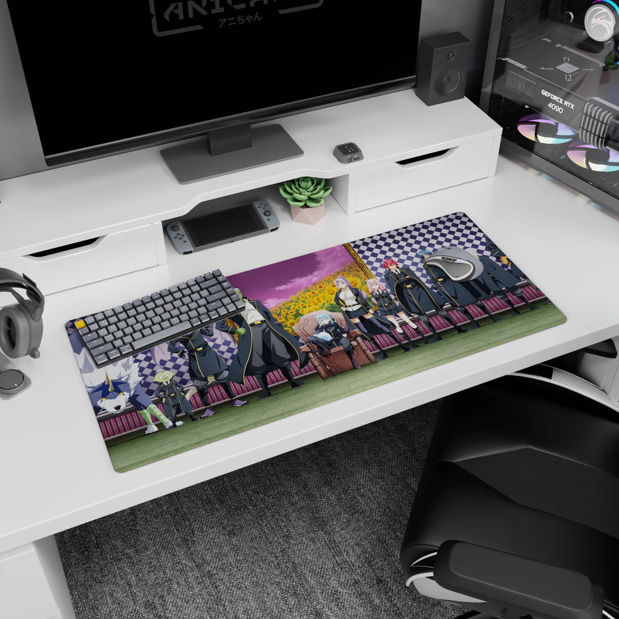 36x16 inches anime desk pad showing blue-haired leader on a throne with dragon guardian and crew.