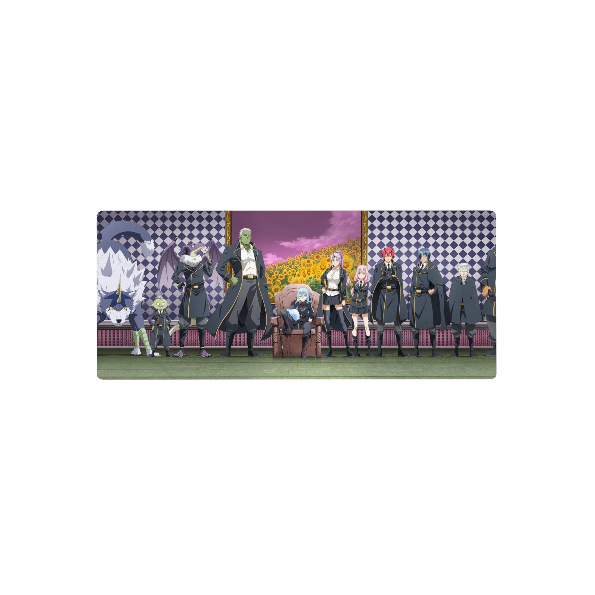 Anime mouse pad 28x12 inches with framed fantasy crew portrait, throne leader, black-and-gold uniforms.