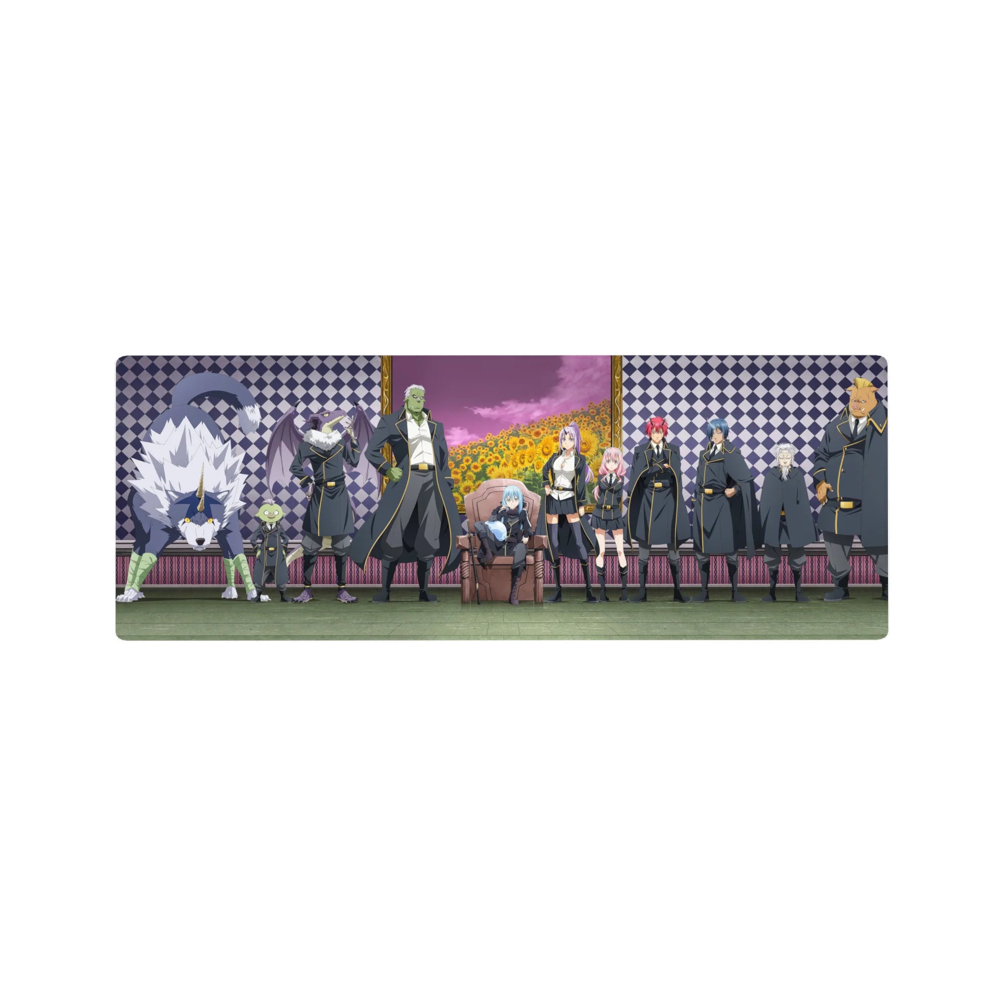 32x12 inches anime mouse pad with throne leader, black-and-gold crew, sunflower field, pink sky.