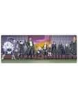 32x12 inches anime mouse pad with throne leader, black-and-gold crew, sunflower field, pink sky.
