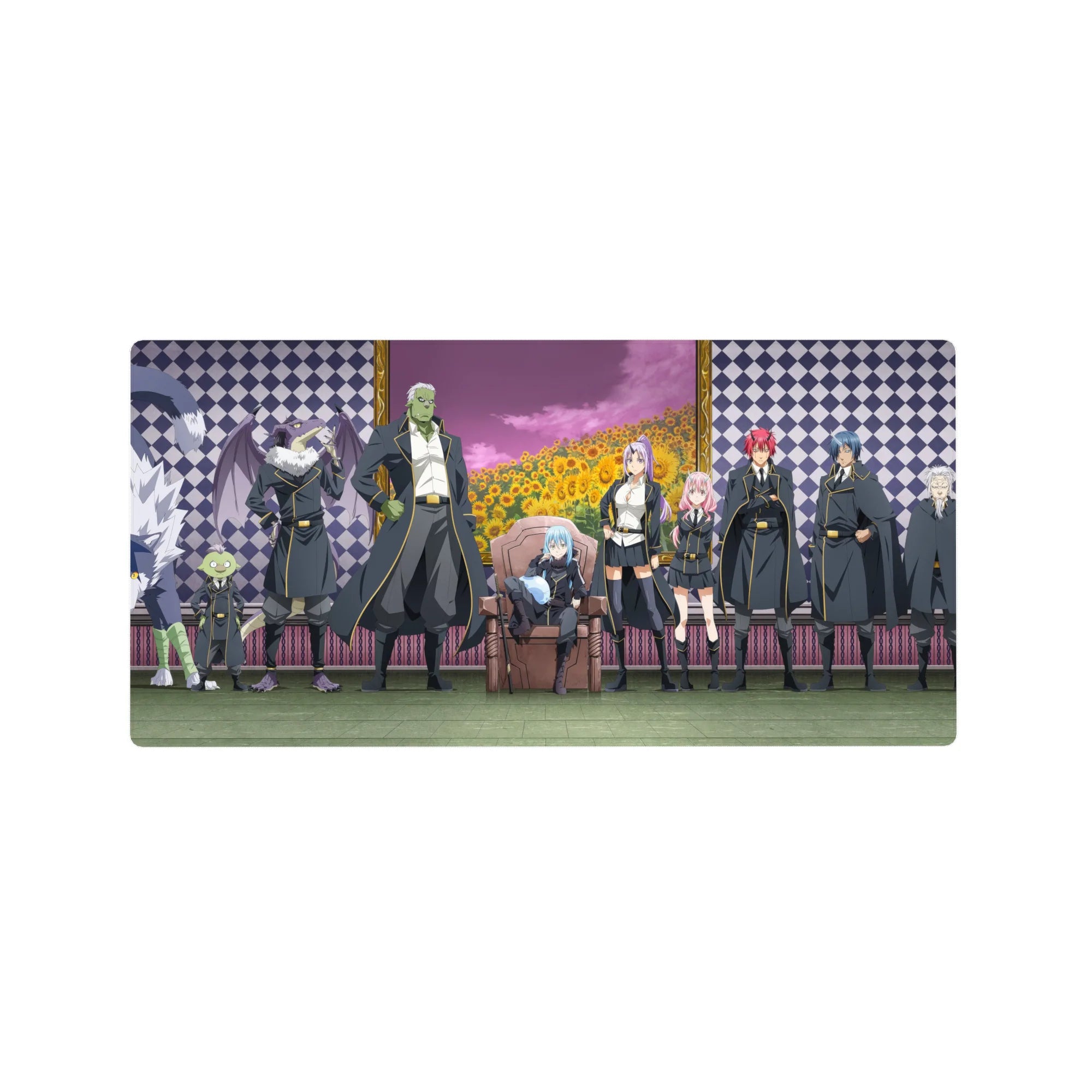 32x16 inches anime mouse pad with framed throne portrait, black-and-gold crew, fantasy backdrop.